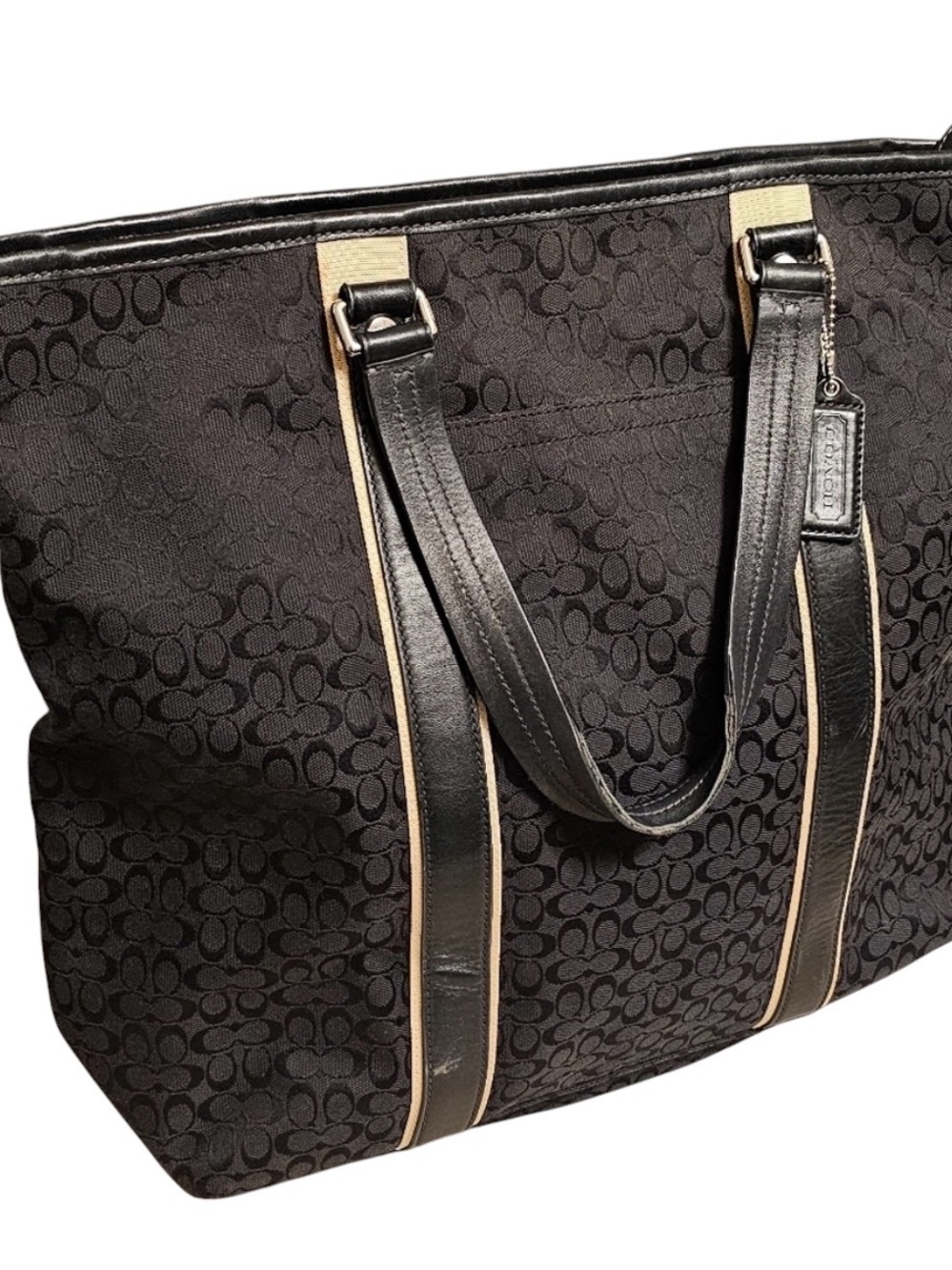 Coach Extra Large Black Fabric with Tan Accents Tote Bag 14 x 17 x 4.5 Signature